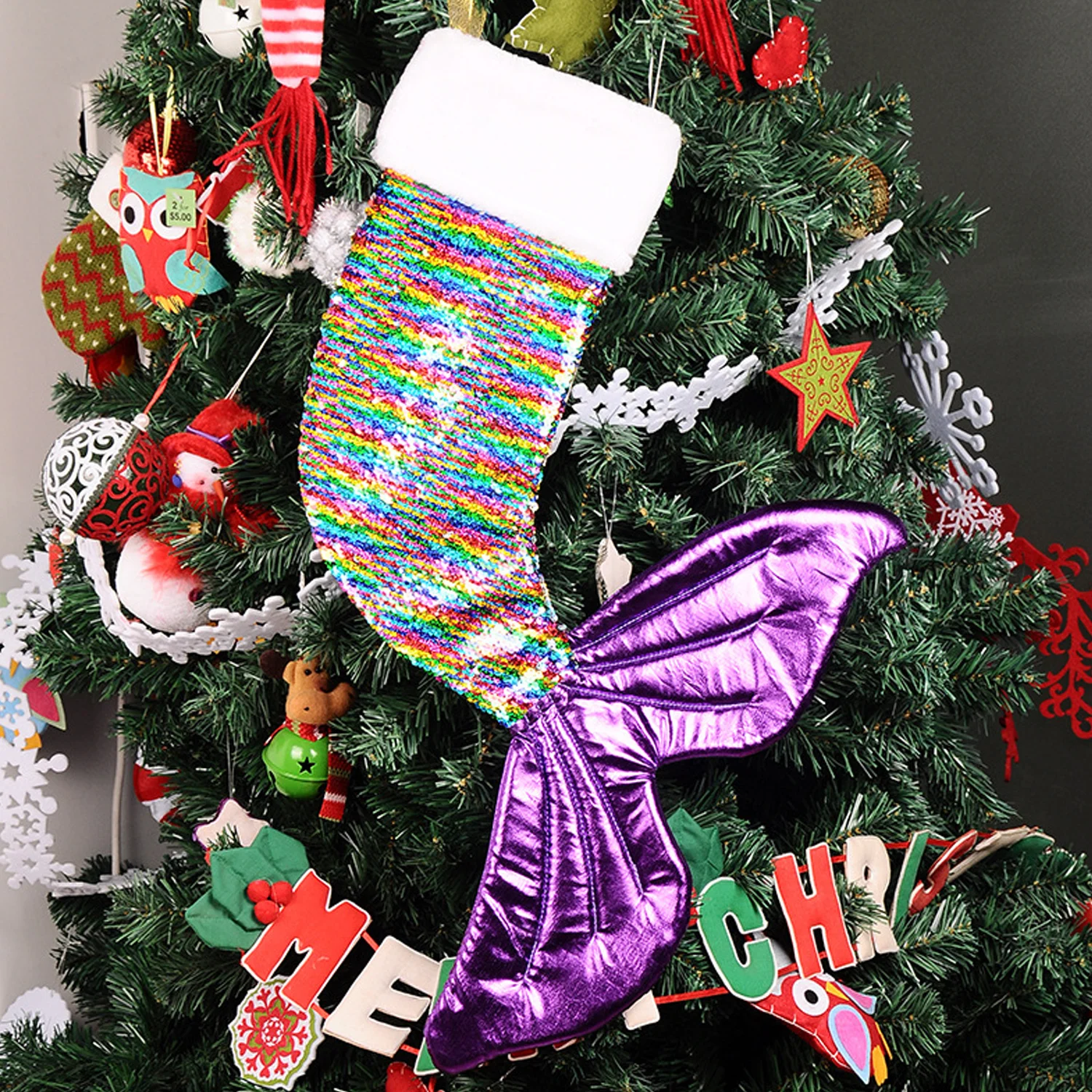 

Behogar Fashion Reversible Sequins Mermaid Tail Christmas Stocking Socks for Xmas Party Decorations Girl Kids Gifts Purple