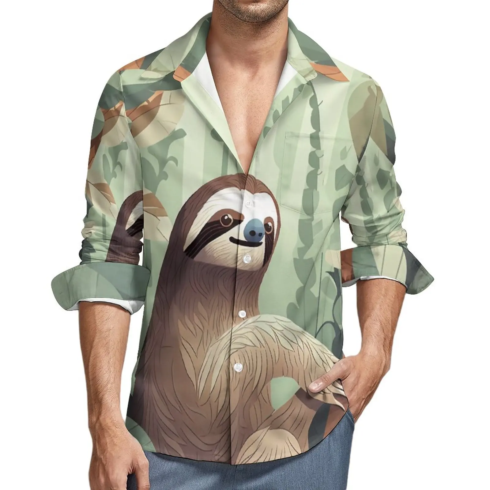 

Sloth Harajuku Casual Shirt Man Vector Flat Animals Illustration Style Shirt Novelty Blouses Long Sleeve Design Oversize Tops