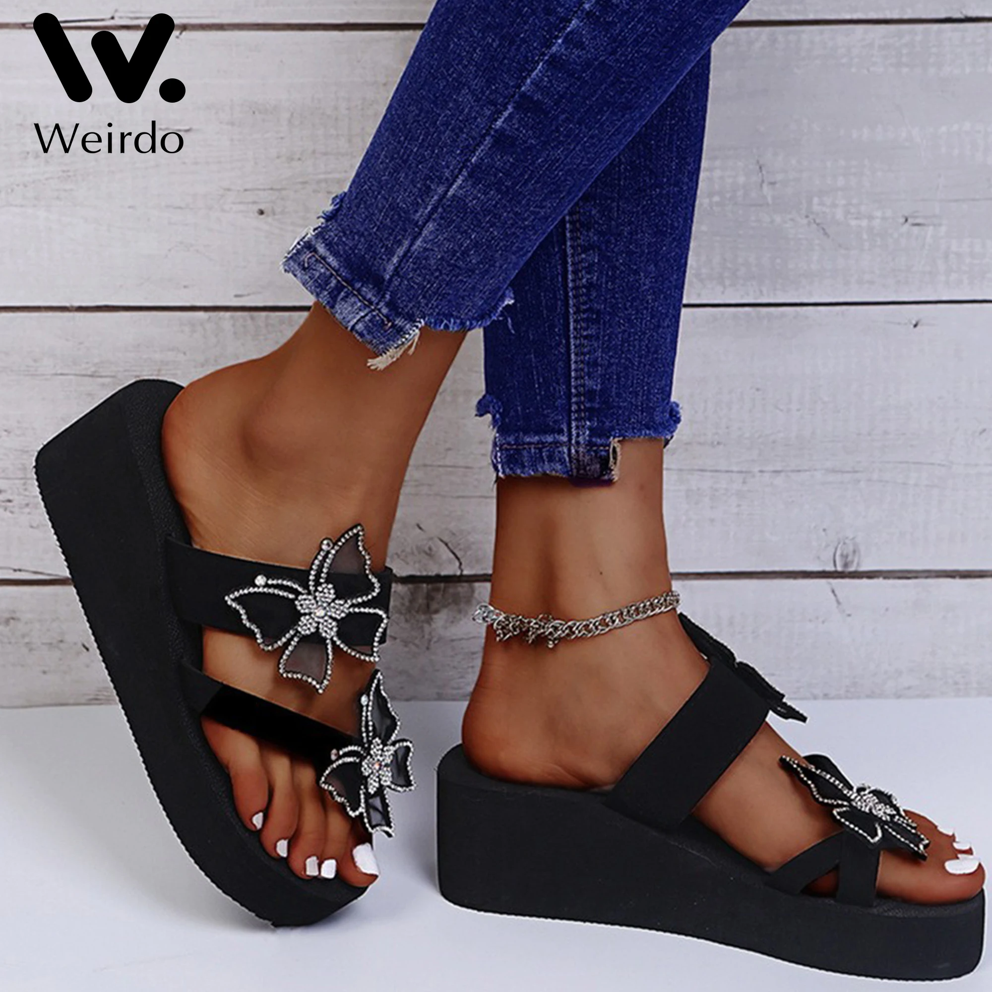 

2022 Summer New Fashion Rhinestone Bowknot Platform Slippers Women Plus Size Slope Heel Slippers Women