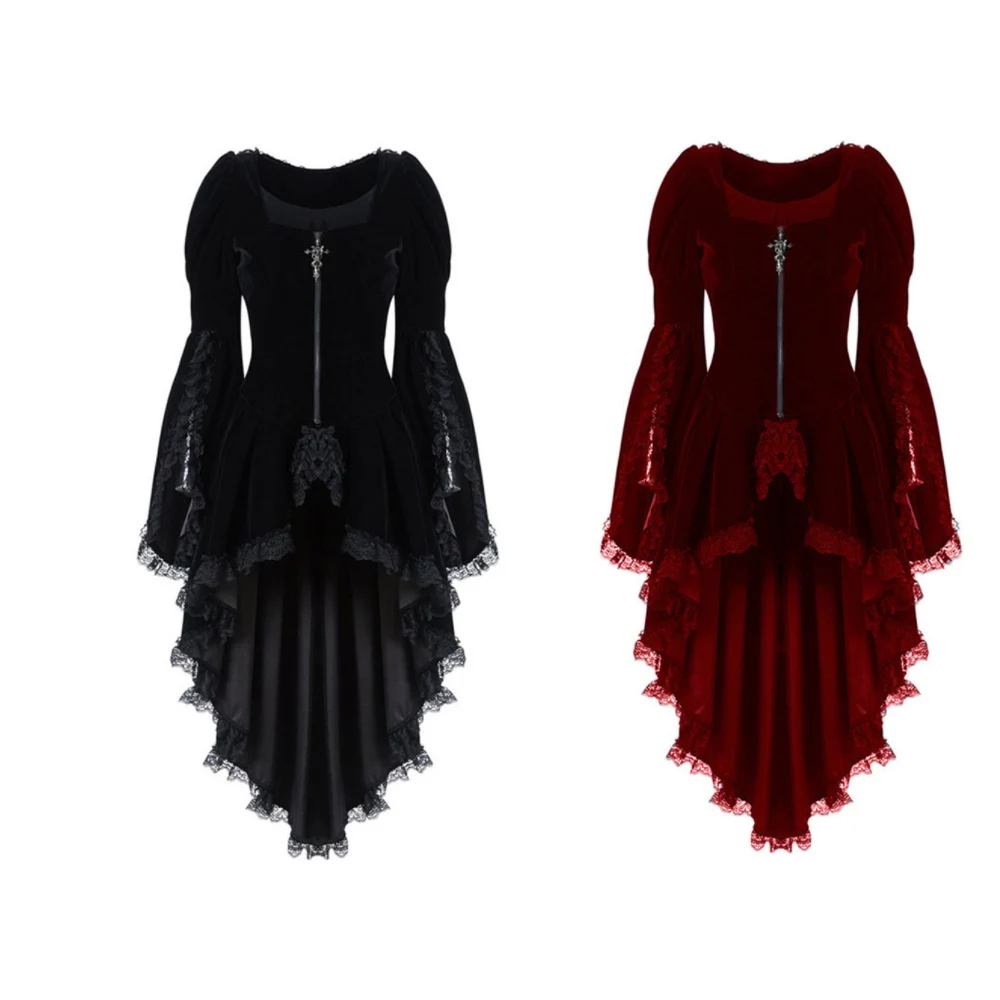 

Женское бархатное платье-смокинг, готическое платье неправильной формы с длинными рукавами и кружевной каймой, платье в средневековом стил...