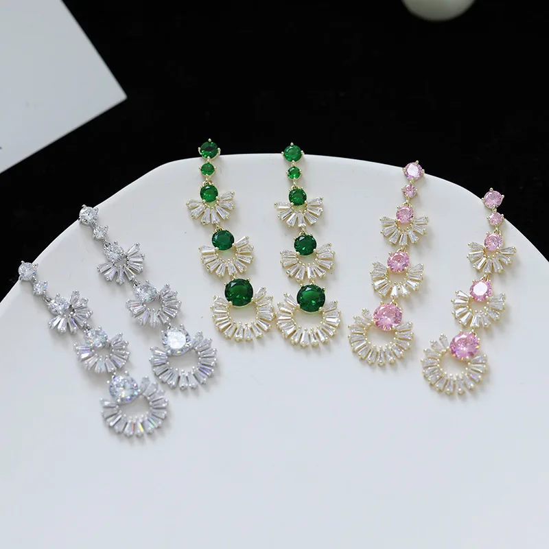 

Light Luxury Color Zircon Retro Sector Earrings For Women Wedding Evening Party Gift Silver Plated Needle Fit Round Face Jewelry