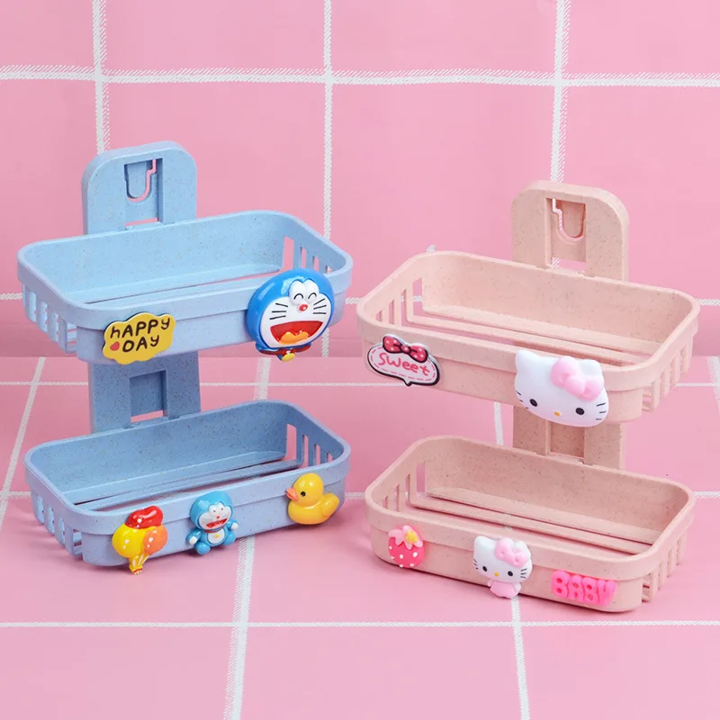 

Cute Sanrio Double Soap Box Hello Kittys Accessories Kawaii Anime Wall Mounted Soap Holder Shelf Suction Cups Toys for Girl Gift