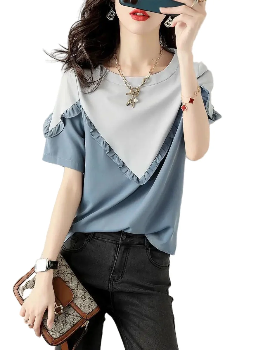 

Женская футболка с коротким рукавом, круглым вырезом и контрастными цветами