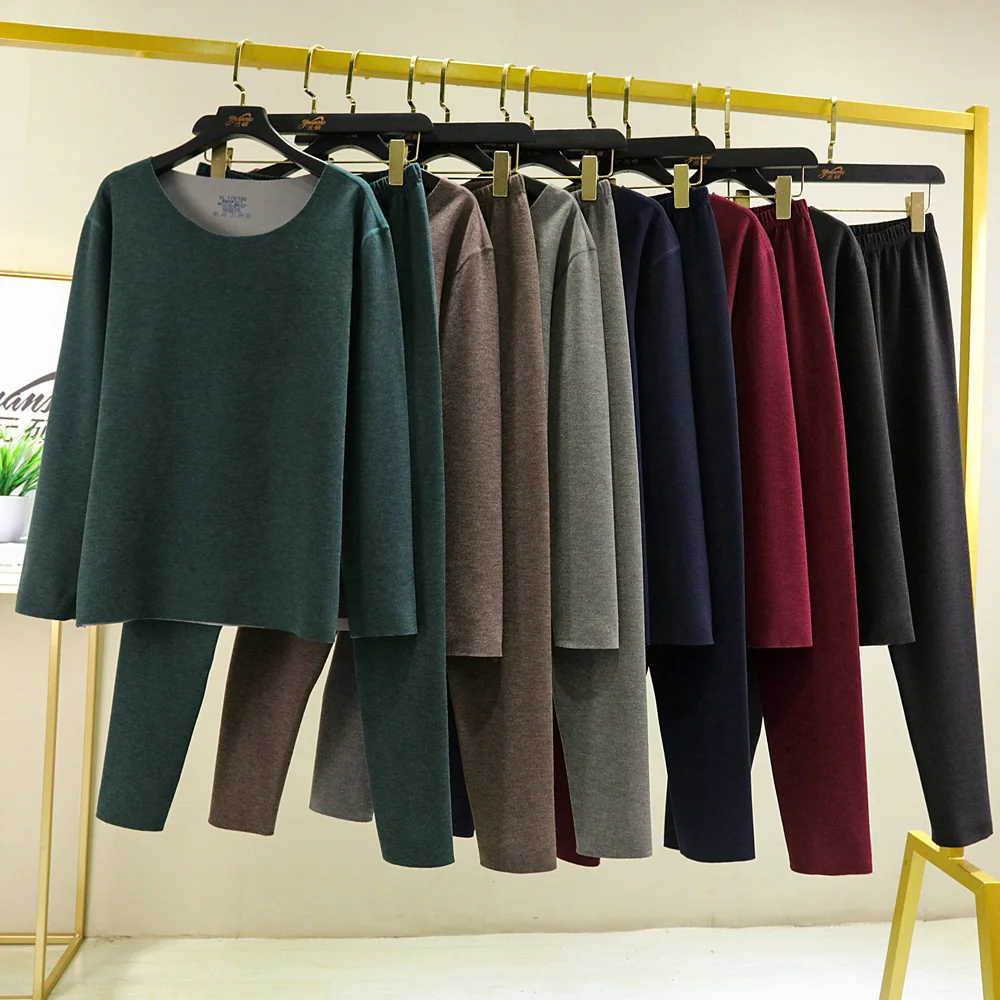 

Colorful plush and thick insulation set for men's autumn and winter new round neck autumn clothes and pants, two-piece set with