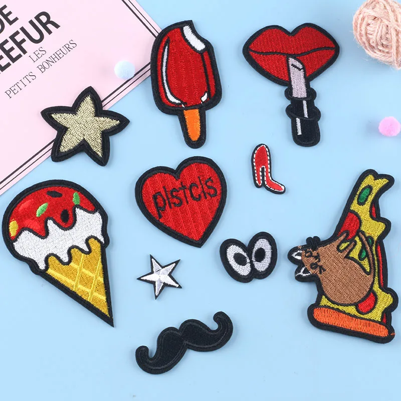 Cute Small Iron on Patches Mini Star Embroidered Appliques for Clothing Icecream Pizza Cloth Stickers Cartoon Eyes Beard Badges
