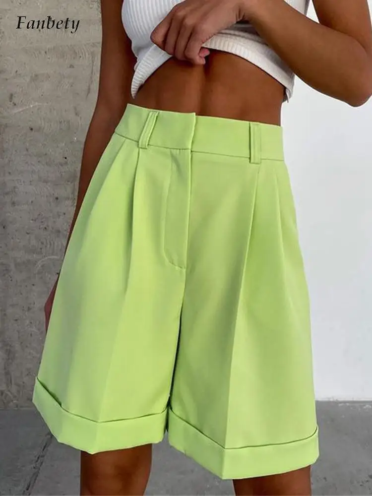

Office Simple High Waist Shorts Women Fashion Commuter Loose Wide Leg Pants 2022 Summer New Elegant Solid Half Pant Streetwear