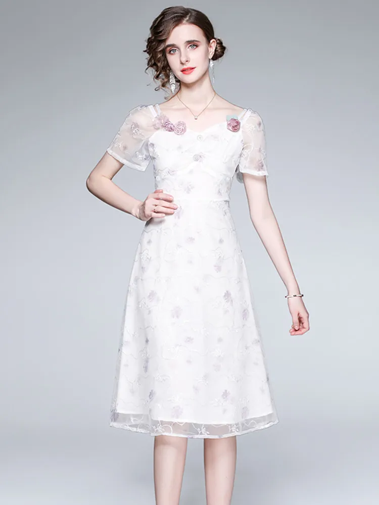 

New Fashion Mesh Embroidery Midi Dresses Women's Elegant Square Neck Luxury Designer Appliques Beaded Summer Simple Dress