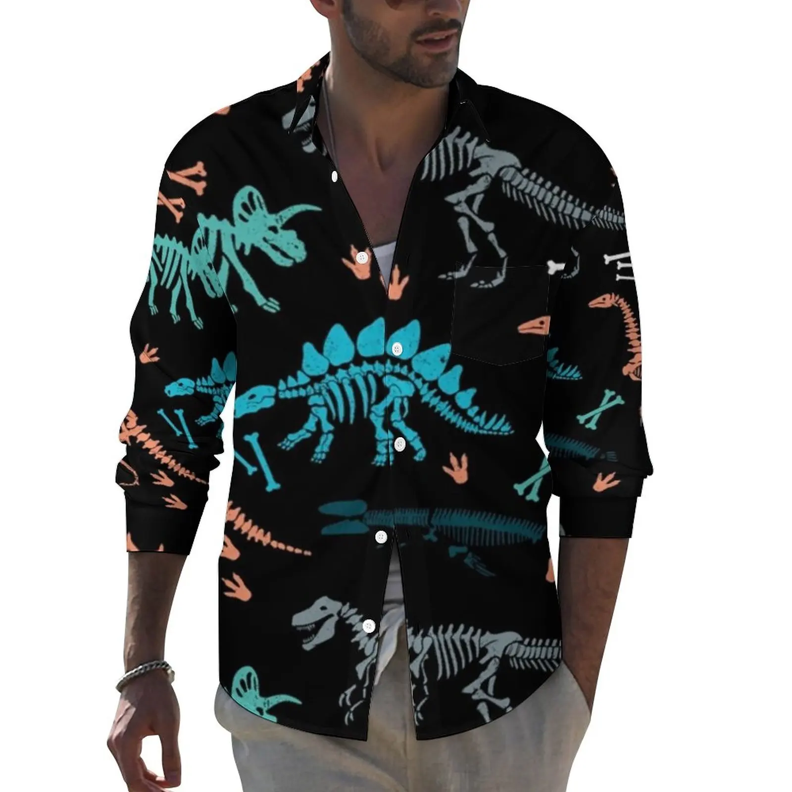 

Dinosaur Skeleton Shirt Spring Funny Animal Print Casual Shirts Mens Retro Blouses Long Sleeve Graphic Street Tops Plus Size 4XL