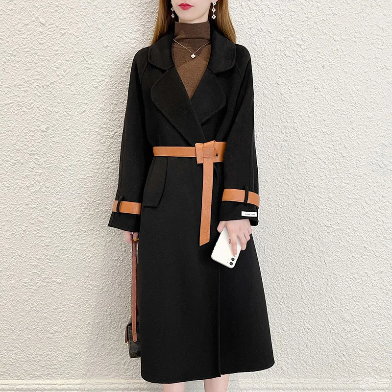 2022 Autumn New Belt Woolen Coat Women's Mid-length Fashion Casual Double-sided Wool Coat