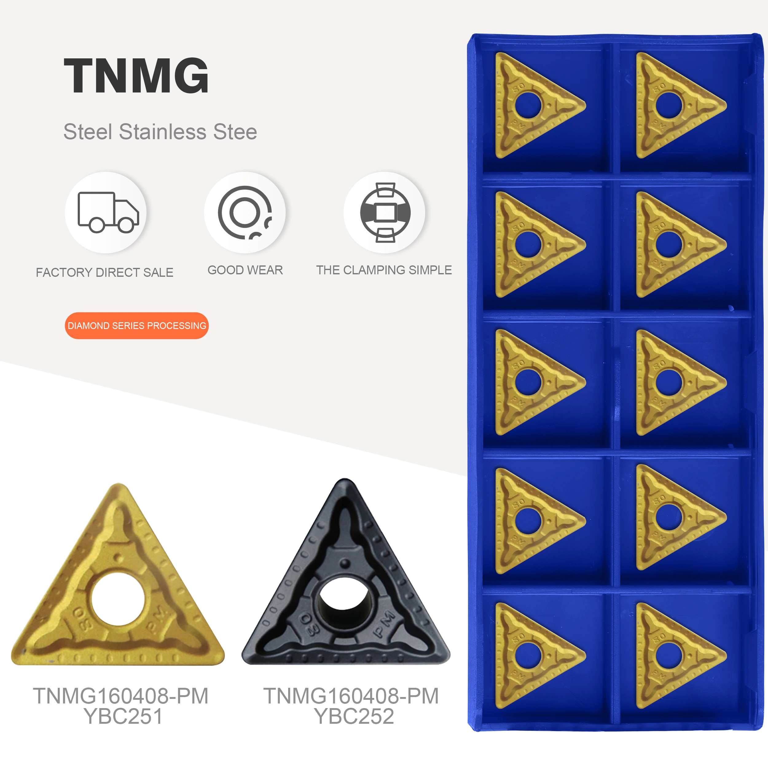 

TNMG160404-PM YBC251 TNMG160408-​​PM YBC252 TNMG160412 YBC251 YBC252 External Turning Tool Carbide Inserts CNC Lathe Tools