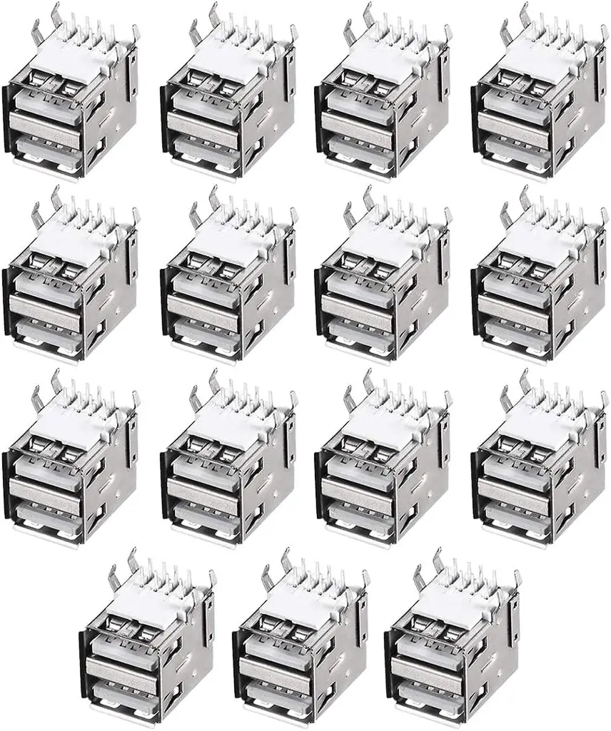 

PCB USB Connector Type-A Dual Port Female Jack 8 Pin Horizontal 90 Degree 15Pcs