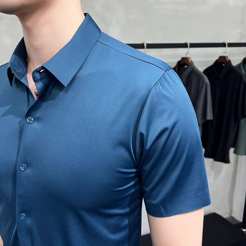 2022 Elasticity Seamless Shirts for Men Summer Short Sleeve Slim Casual Shirt Business Formal Dress Shirts Social Party Blouse