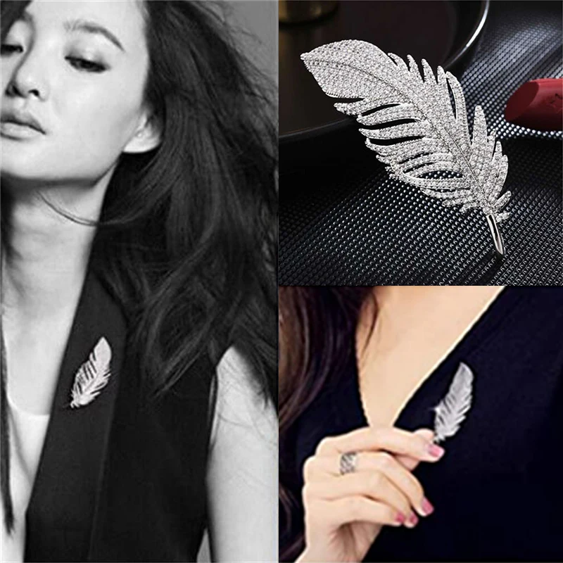 

Feather Leaf Brooch Collar Clip Chain Womens Men Lapel Pins Wedding Suit Crystal