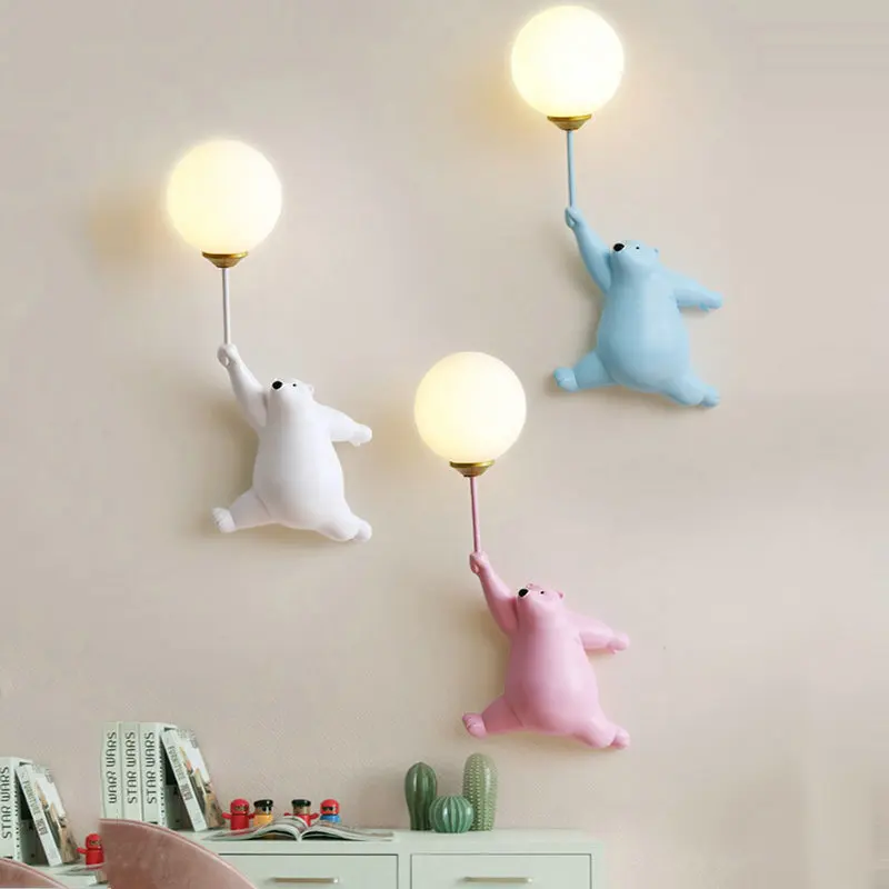 Cartoon Blue White Pink Bear Wall Lamp for Children Kids Baby Girl Bedroom Bedside Wall Light with 3D Printing Moon Lighting G9