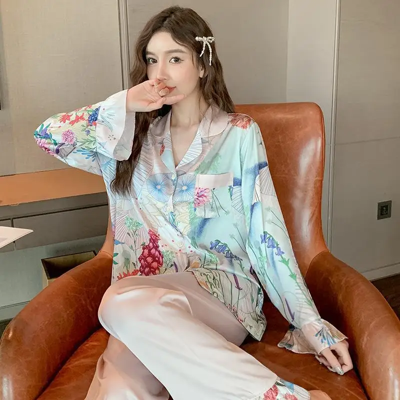 Autumn New Simple Casual Homewear Women's Floral Frill Long-Sleeved Trousers Pajamas Fashion Cardigan Homewear