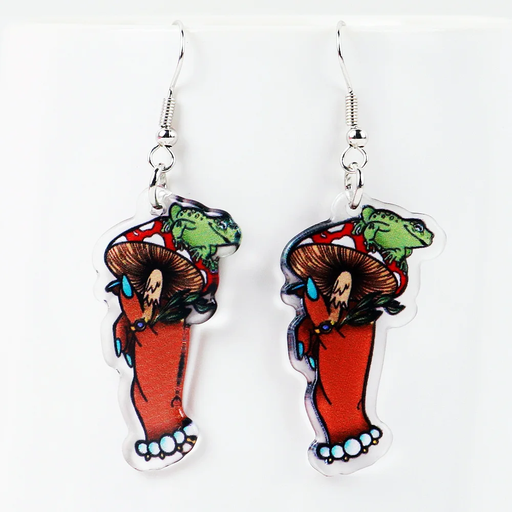 

New Funny Frog on Mushroom Acrylic Printing Drop Earrings for Women Creative Cartoon Animal Dangle Earring Fashion Jewelry Gifts