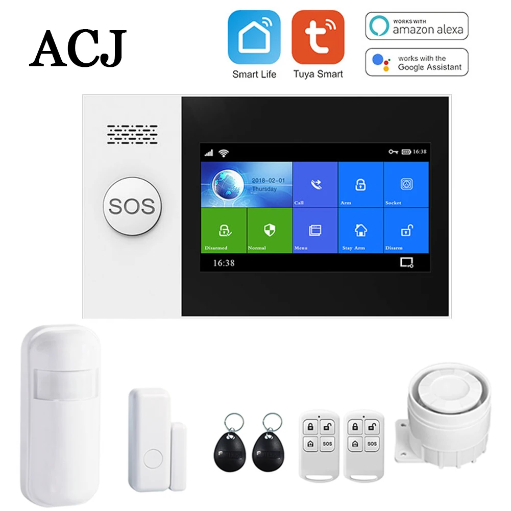 ACJ Tuya Wireless WIFI GSM PG-107 Home Burglar Alarm System Set PIR Motion Sensor Door Sensor Security Alarm Kit APP Control