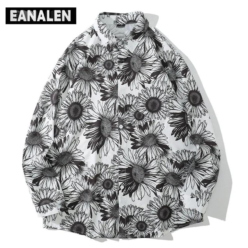

Harajuku Sunflower Flower Shirt Men Social Oversized Vintage Fashion Korean Clothing Hawaiian Long Sleeve Shirt Aesthetic Art