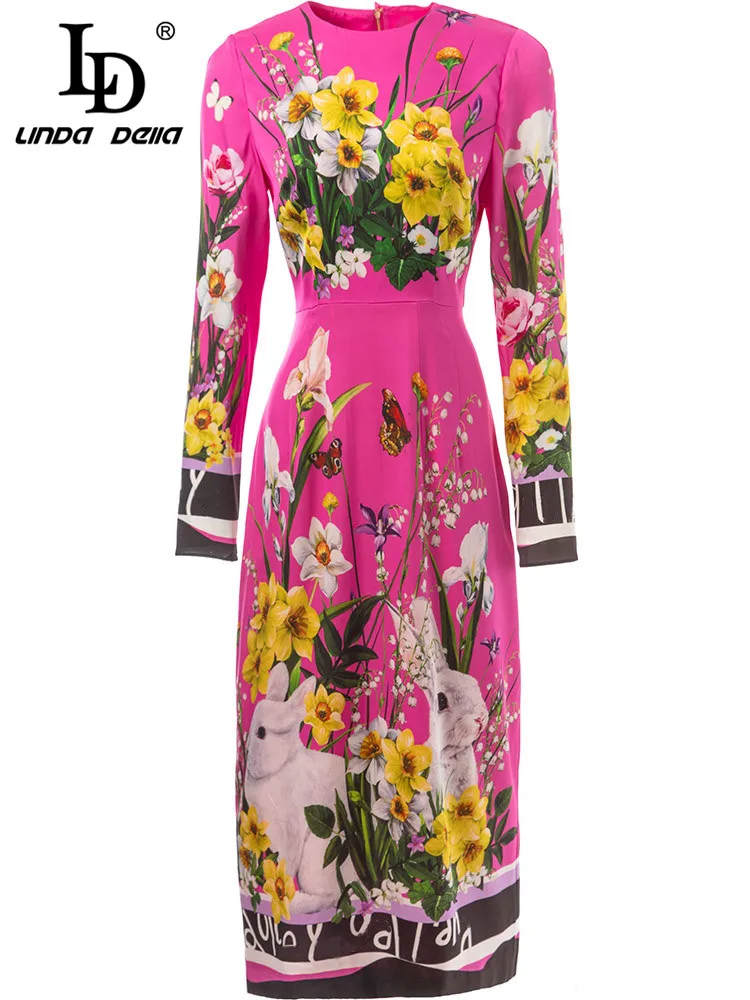 

LD LINDA DELLA 2023 дизайнерское весеннее женское модное вечерние платье миди с длинным рукавом винтажное шелковое платье с животным цветочным принтом