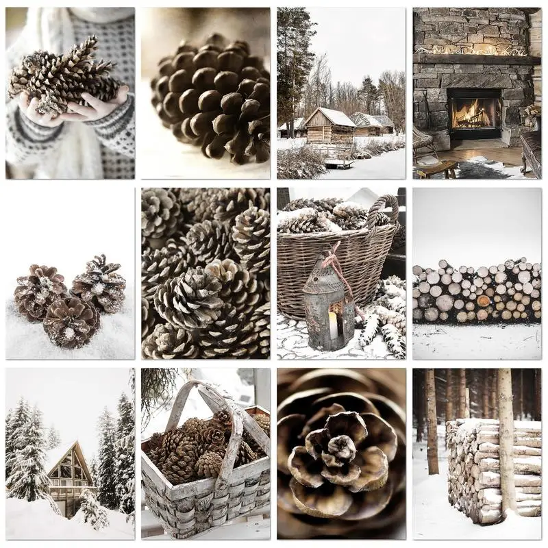 

CHENISTORY Modern Painting By Numbers Winter Landscape Pinecone Acrylic Paints Gift Handiwork Wall Decors Simple Black And White