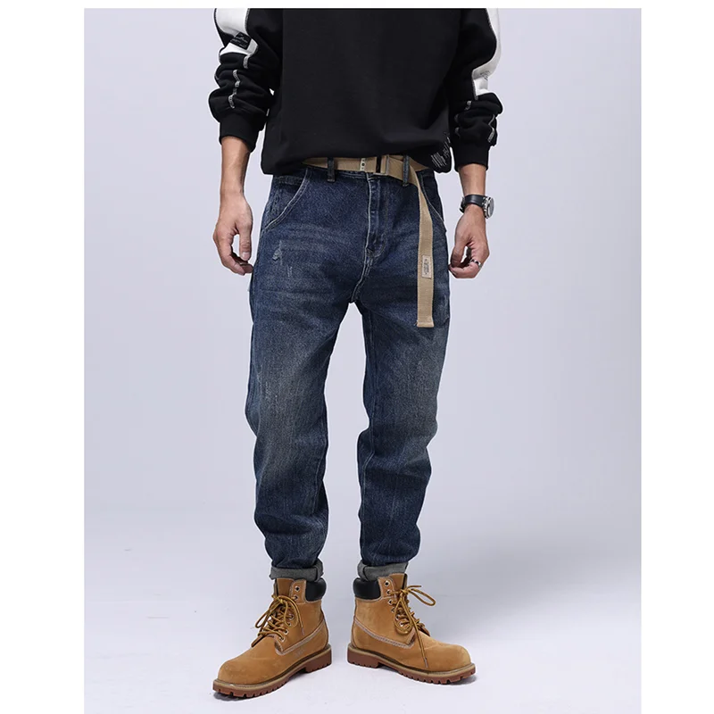 

Men Clothing New Pattern Recreational Vintage Blue Jeans Straight Cylinder Loose Elastic Force Street Trousers Autumn Female Sex