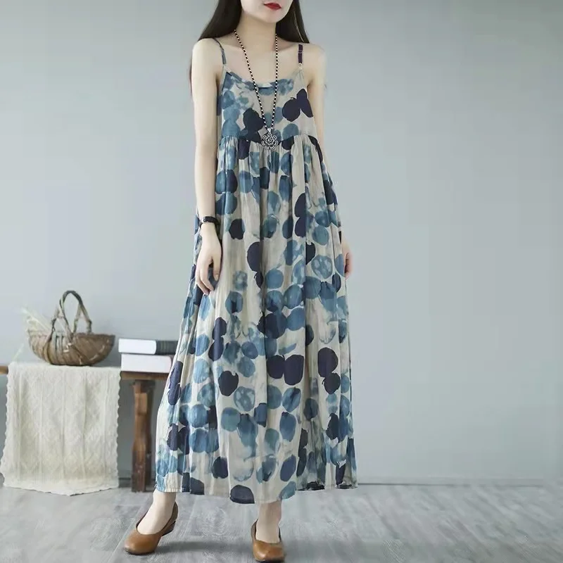 

2022 Summer Sling Dress For Women Cothing Vintage Polka Dot Print Cotton Linen Vest Dress jp148
