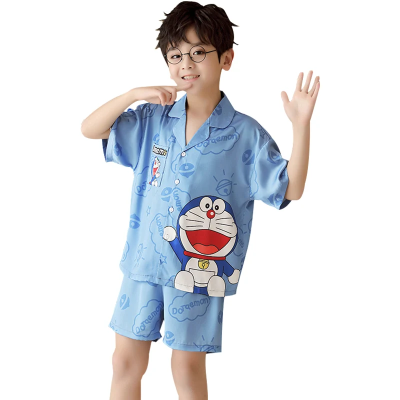 

2022 Hot Sale Summer Boys Satin Pajamas Shorts Set Pajamas Kids Homewear Doraemon Silk Pajamas Suits Teen Clothes