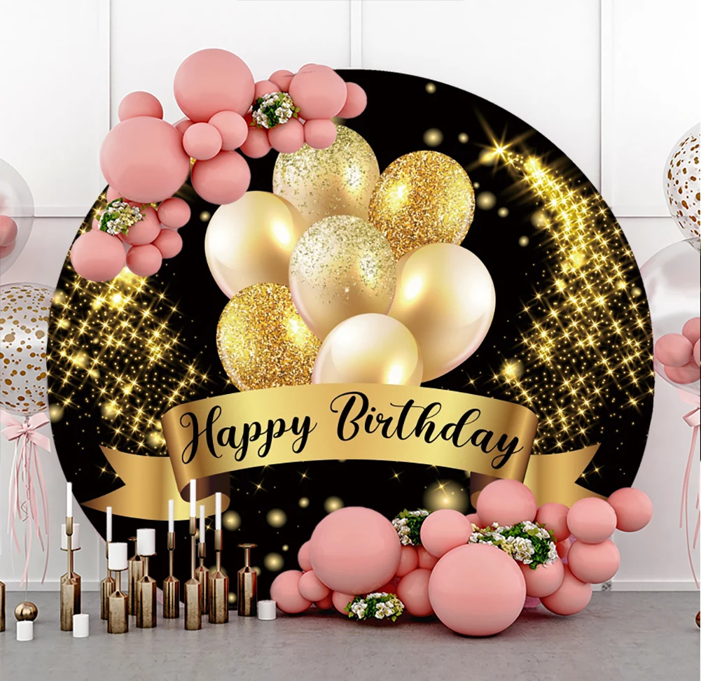

Gold Balloons Happy Birthday Round Photography Background Family Party Portrait Custom Photocall Poster Glitters Decor Backdrop