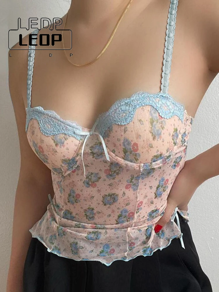 

LEDP Elegant Cute Tanks Sleeveless Sexy Y2K Mesh Crop Tops for Women 2022 Summer Lace Trim Camis Slim Spaghetti Strap Vest