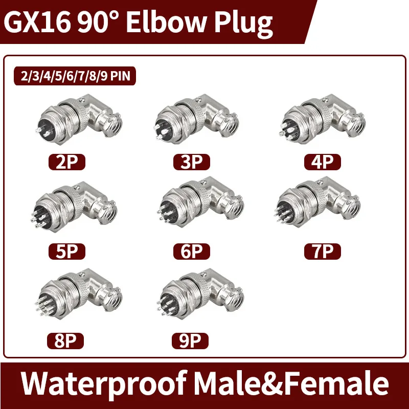 

5/10 Sets GX16 90 Degree Socket Elbow Aviation Connector Waterproof Right-Angle Right-Wing Plug 2/3/4/5/6/7/8/9PIN Male Female
