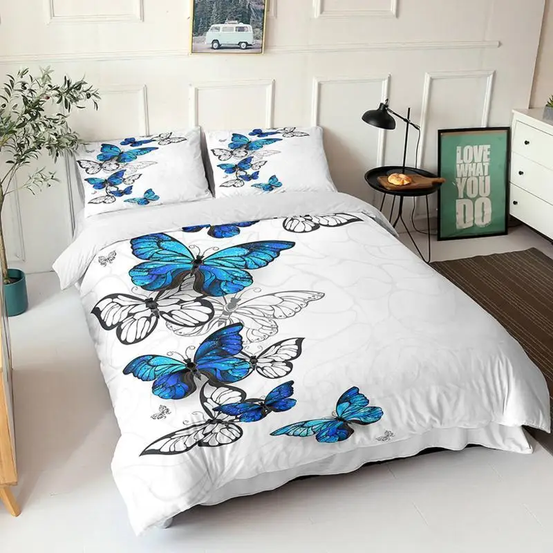 

Butterfly Duvet Cover Set Queen Size Blue White Butterflies Printed Comforter Cover for Girls Kids Teens Microfiber Quilt Cover