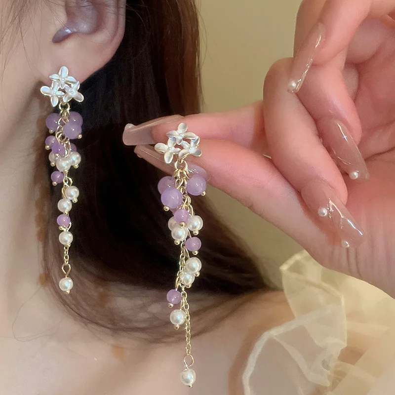 

Minar New Trend Purple Color Acrylic Strand Thread Flower Drop Earrings Imitation Pearl Long Tassel Earring for Women Oorbellen