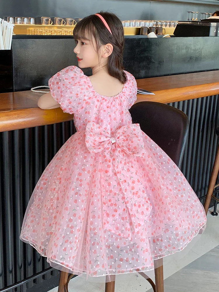 

Summer Children's Clothing Floral Elegant Bow Puff Sleeve Princess Dress Wedding Party Ball Gown Dress Girl Knee-Length Skirt