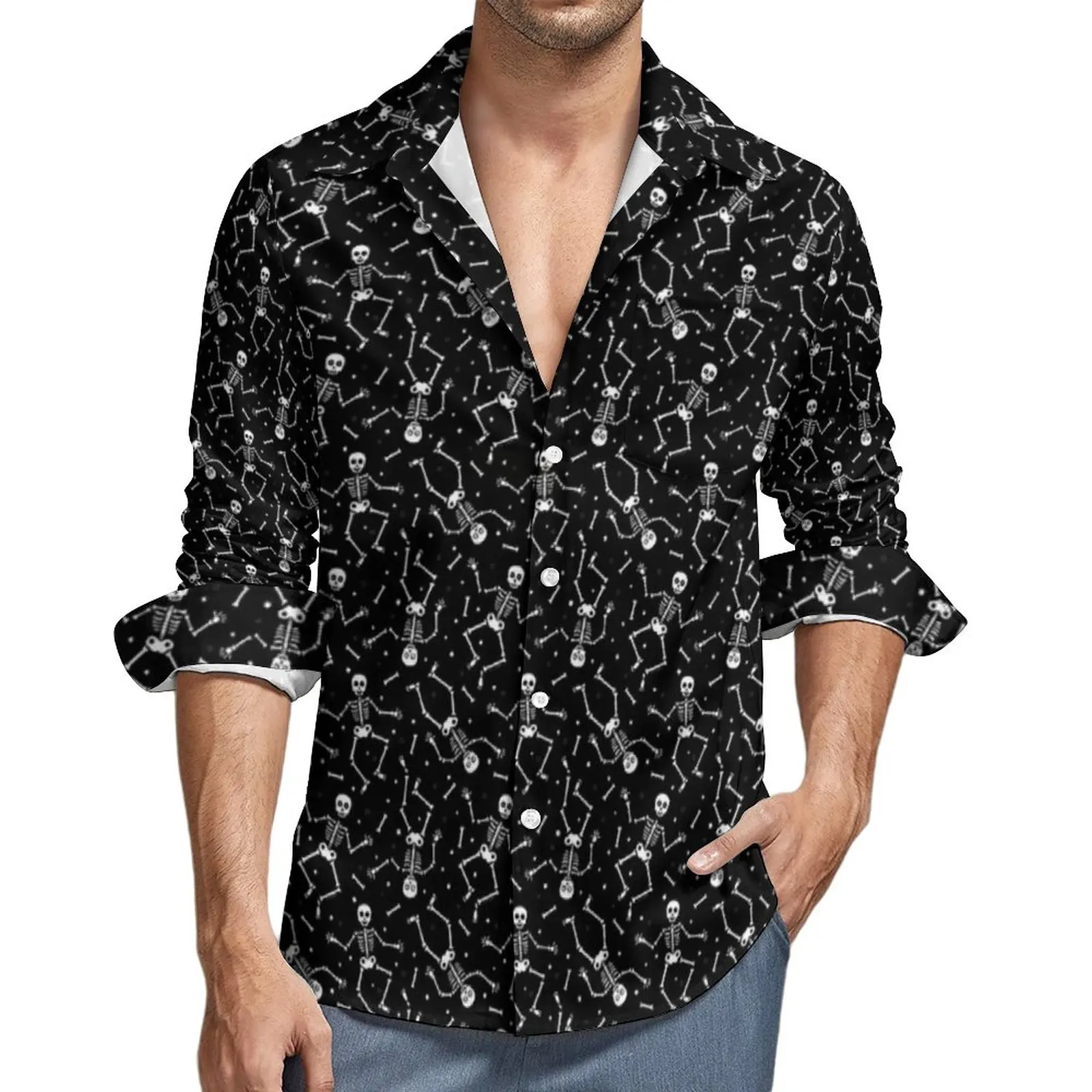 

Halloween Skeleton Casual Shirts Male Funny Bones Print Shirt Long Sleeve Novelty Y2K Blouses Autumn Pattern Clothes Plus Size