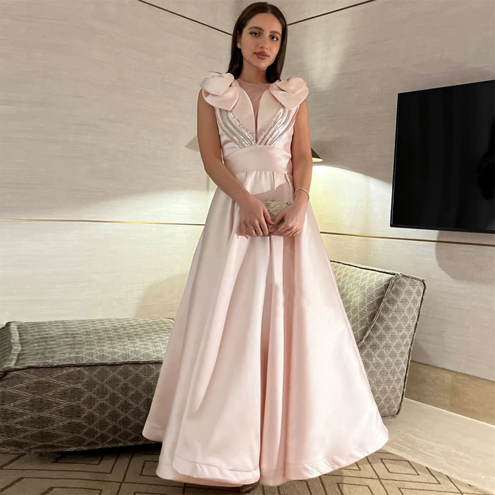 

Fashion Pearl Pink A-Line Satin Bow Formal Occasion Prom Dresses Sequins Floor-length Women Evening Party Dress فساتين السهرة