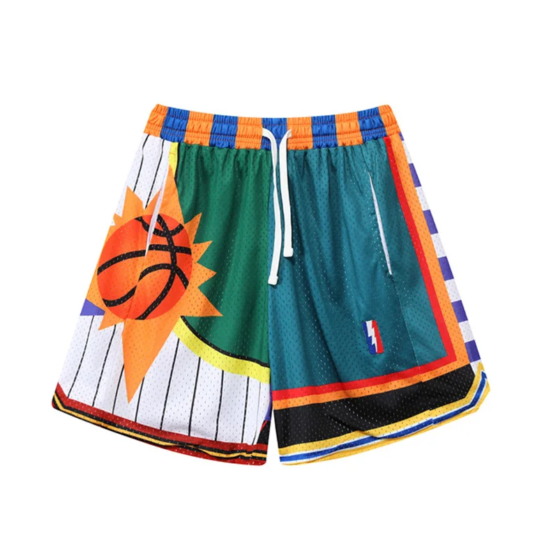 Basketball Shorts For Men Patchwork Printed Drawstring Pocket Fitness Sports Running Training Short Pants Breathable Trackpants