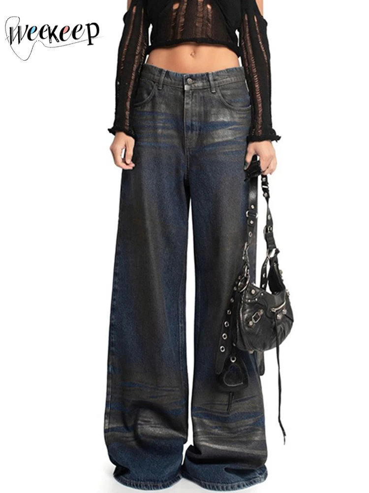

Женские винтажные джинсы Weekeep, повседневные Прямые мешковатые джинсы с низкой посадкой, 90s, y2k, уличная одежда, женские брюки Harajuku, ретро джинсы для мам