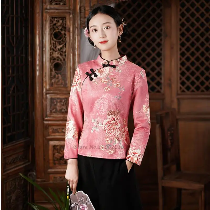 

2023 national flower print qipao shirt tang suit women traditional elegant female hanfu tops chinese vintage cheongsam blouse