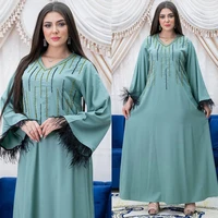 muslim dress women ethnic style diamond studded feather cuffed dress dubai muslim robe long sleeve loose female long dress