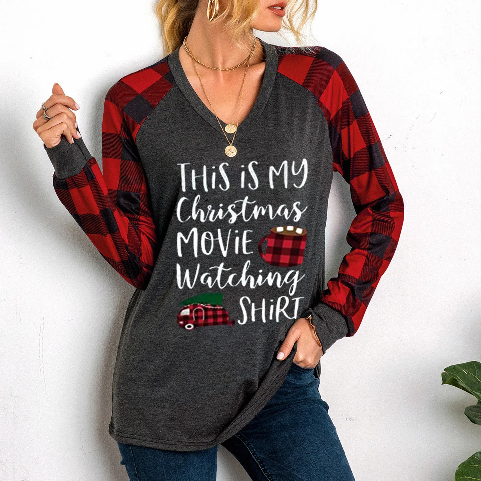 

Women's Christmas Print V Neck T Shirts Plaid Fall Raglan Long Sleeve Tees Tops Long Sleeve T Shirt Women Brown