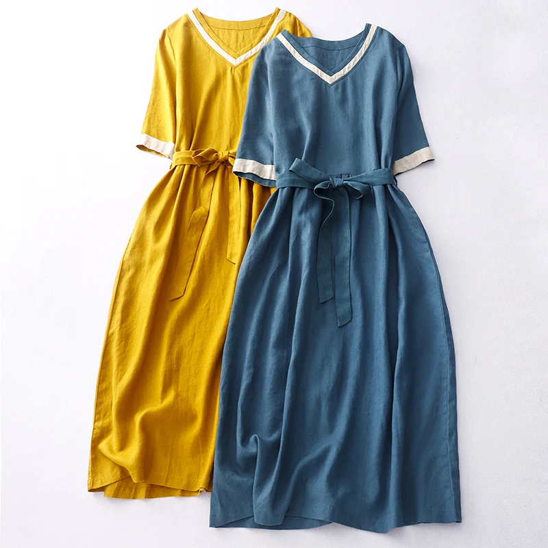 

Платье из хлопка и льна 2023, летнее платье в стиле ретро с коротким рукавом и V-образным вырезом, Свободное длинное Повседневное платье