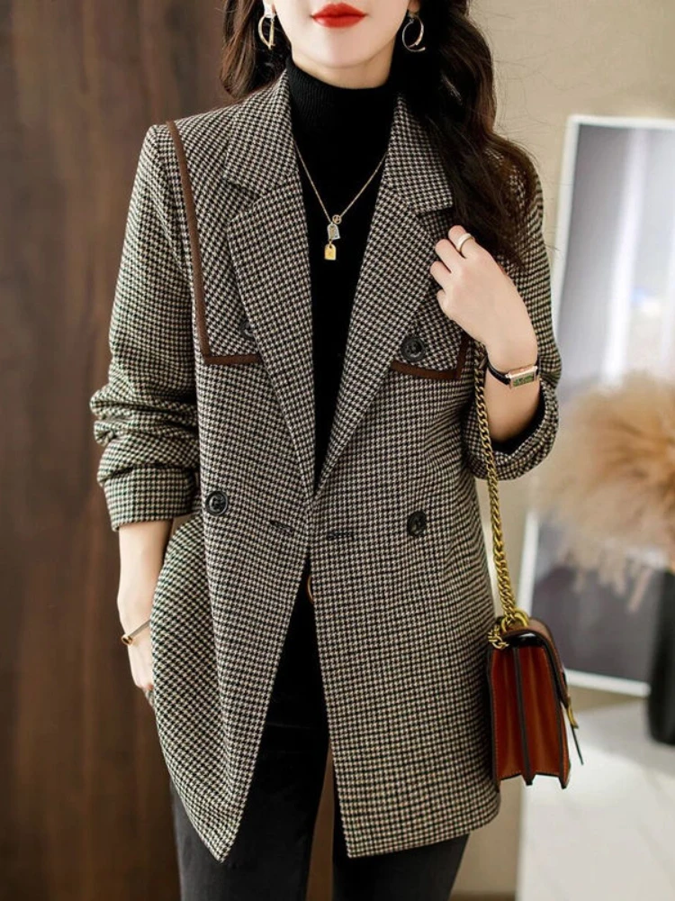 

Wool Coats for Women Winter Office Lady Turn-down Collar Elegant Womens Jackets Lattice Keep Warm Korean Fashion Trench Coat