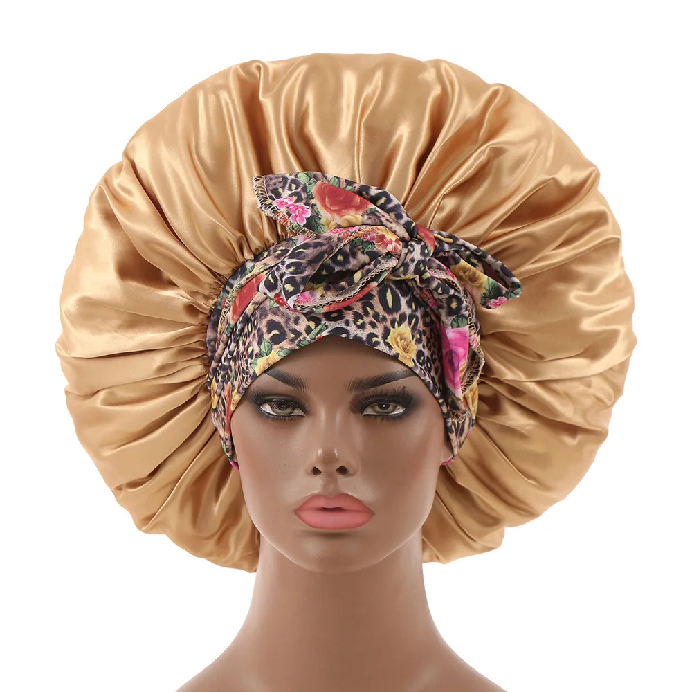 Extra Large Satin Hair Bonnet For Women Sleeping Cap African Pattern Ankara Print Long Tail Wide Stretchy Band Hat Bathroom Caps