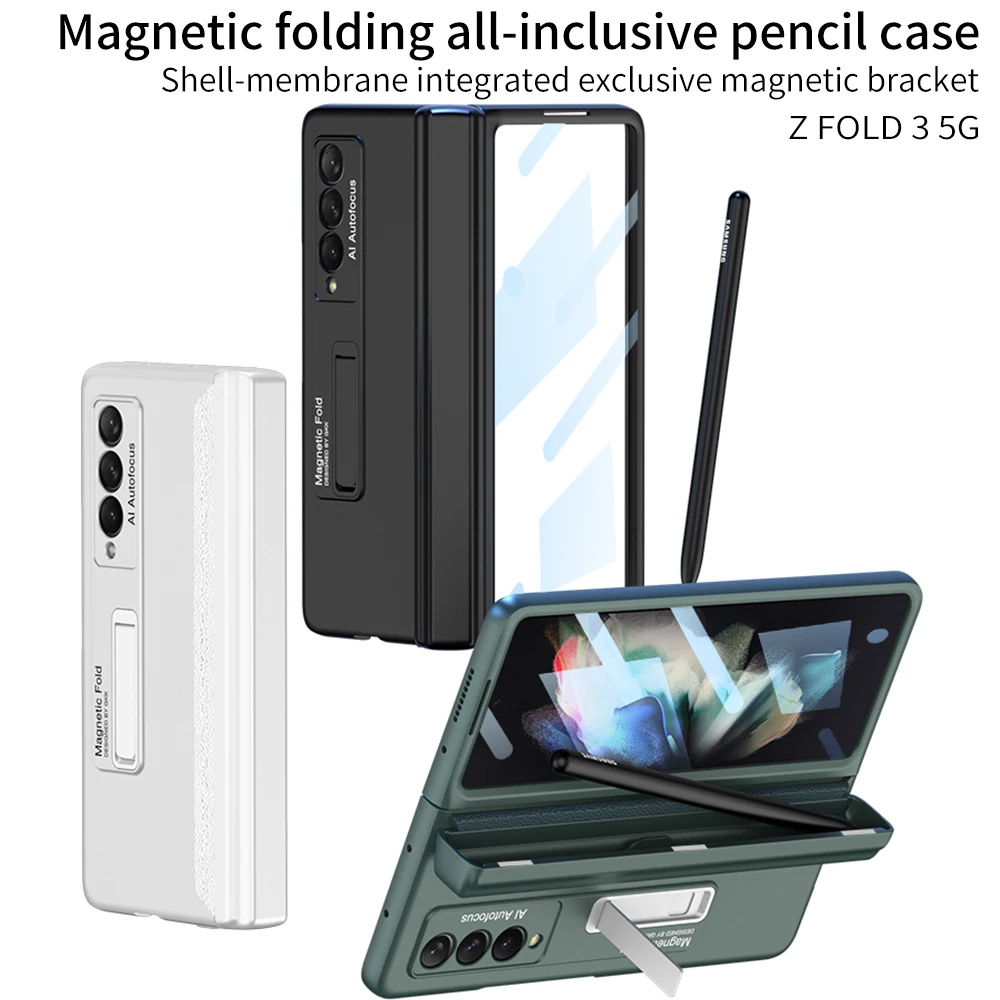 

Shockproof Armor Magnetic Case For Samsung Galaxy Z Fold 3 Phone Case 360 Full Tempered Glass Protector Matte PC Cover With Pen