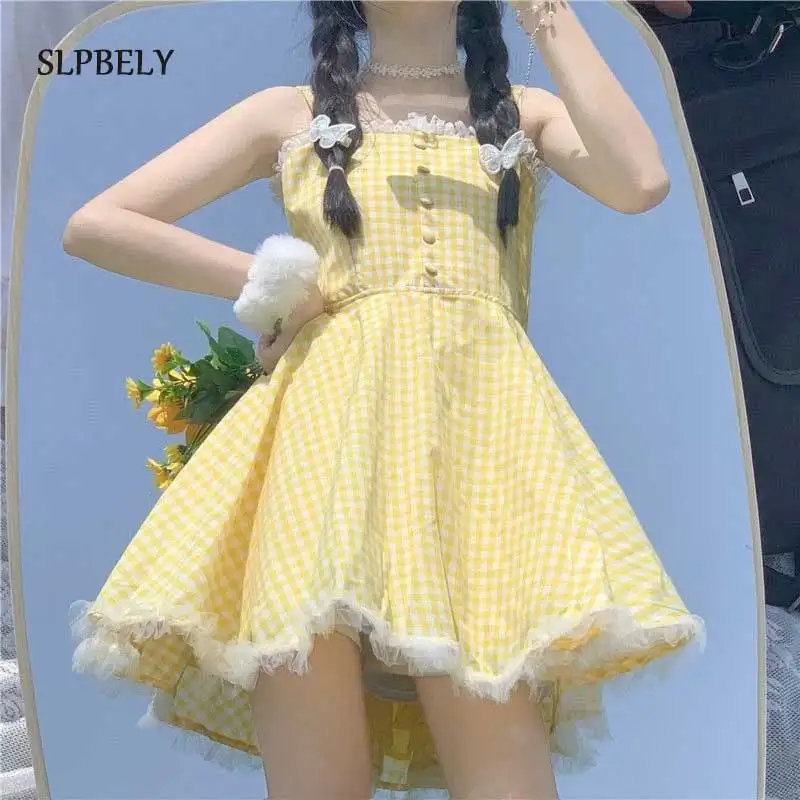 

SLPBELY, летнее милое платье на бретелях в стиле "Лолита", женские кружевные японские милые мини-платья, желтое клетчатое сказочное Платье трапе...