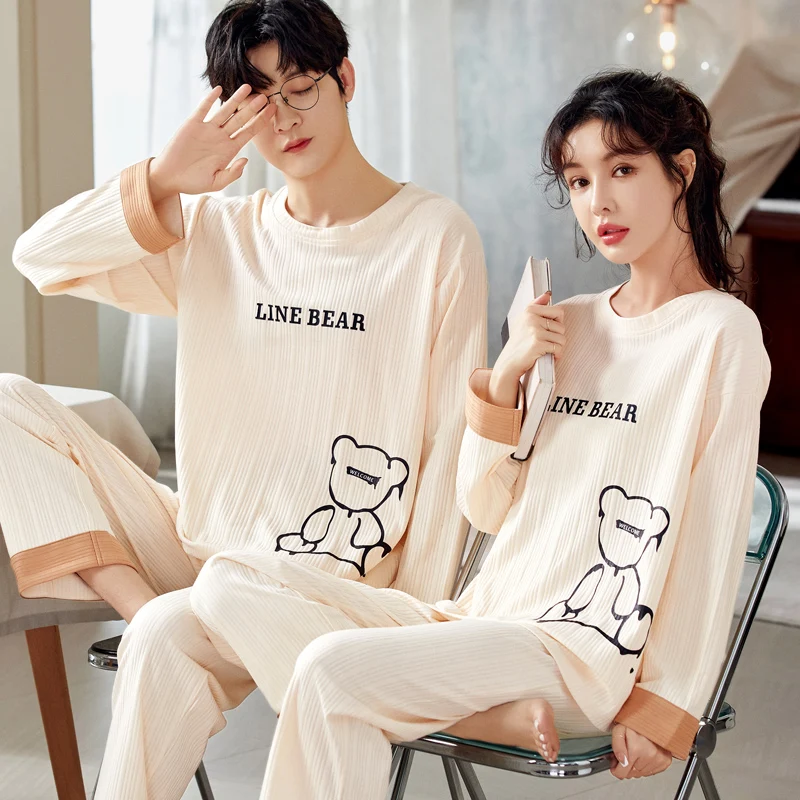 New Spring Fashion Couple Korean Pajamas Soft Cotton Round Collar Men Pjs Women Leisure Sleepwear for Young Lovers feminino