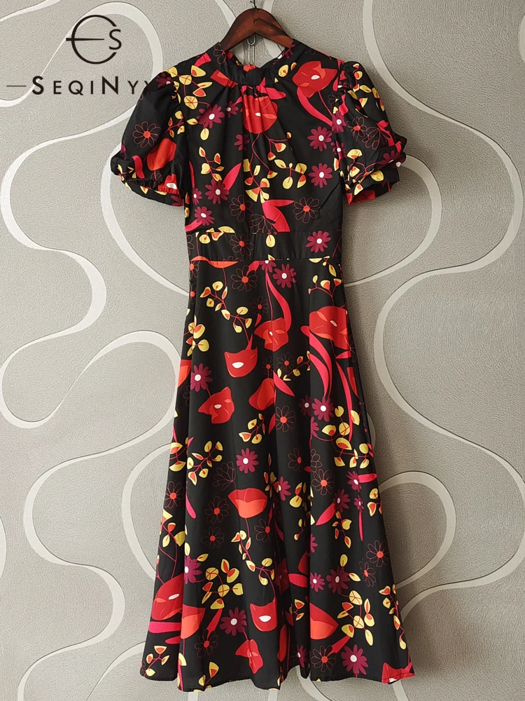 

SEQINYY Black Midi Dress Summer Spring New Fashion Design Women Runway High Street Red Flowers Print Casual Elegant Slim
