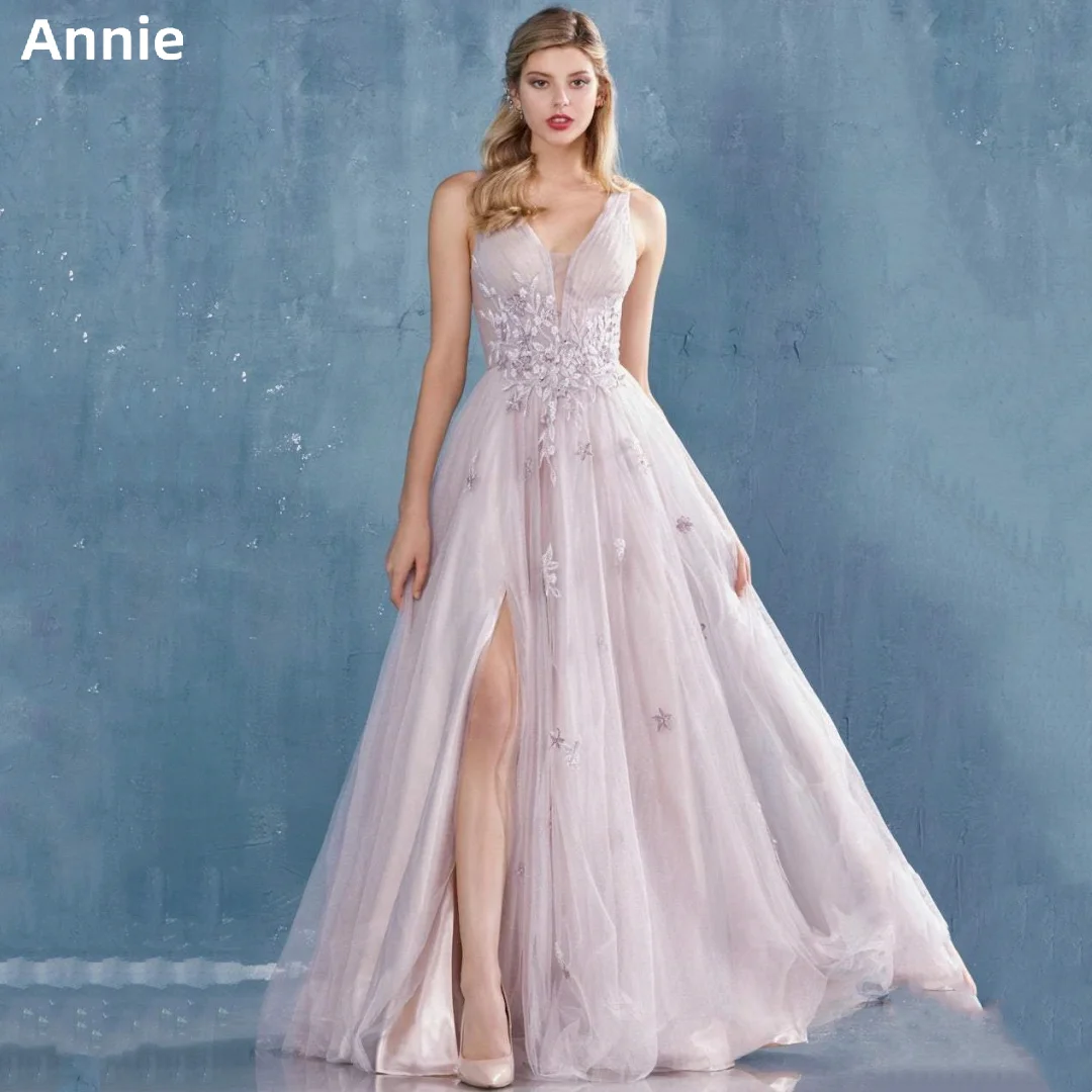 

Annie Light Pink Evening Dress V-neck Hand-applied Prom Dressess A-shaped Side Slit Vestidos De Noche