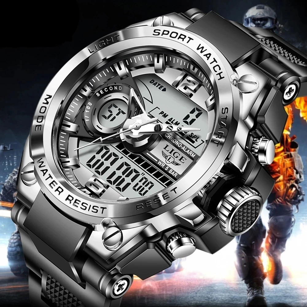 

LIGE Digital Men Military Watch 50m Waterproof Wristwatch LED Quartz Clock Sport Watch Male Big Watches Men Relogios Masculino