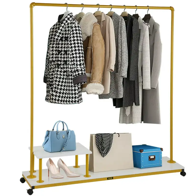 

Clothing Garment Rack, 59.1"x14.2"x63.0", Heavy-Duty Clothes Rack w/Bottom Shelf & Side Shelf, 4 Swivel Casters, Sturdy Steel Fr